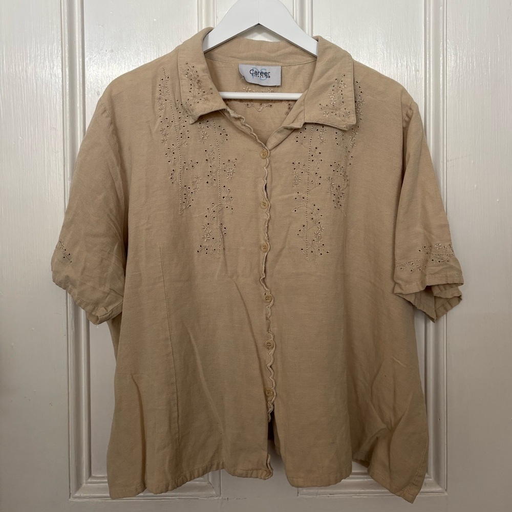 Casual Corner Tan Blouse with Embroidered Details